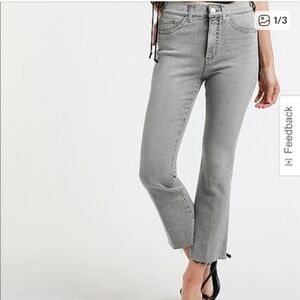 Express Women's High Waisted Grey Wash Raw Hem FlexX Cropped Flare Jeans Sz M